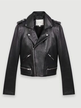Maje Black Leather Moto Jacket with Silver Hardware